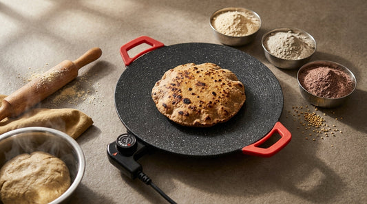 A thick golden-brown millet roti cooking on an InstaCuppa Portable Electric Tawa with red handles and a temperature dial, beside steel katoris of jowar, bajra and ragi flour, a rolling pin and a bowl of steaming dough on an Indian counter