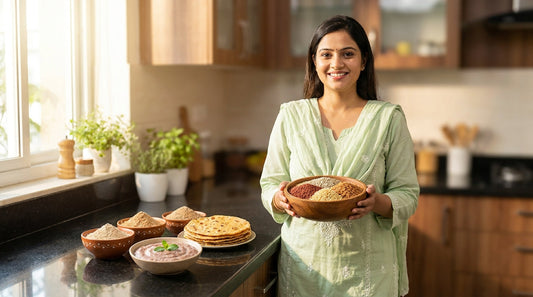 Indian woman holding mixed millets ragi bajra jowar in Indian kitchen