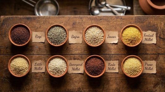8 types of Indian millets in clay bowls - millets list India