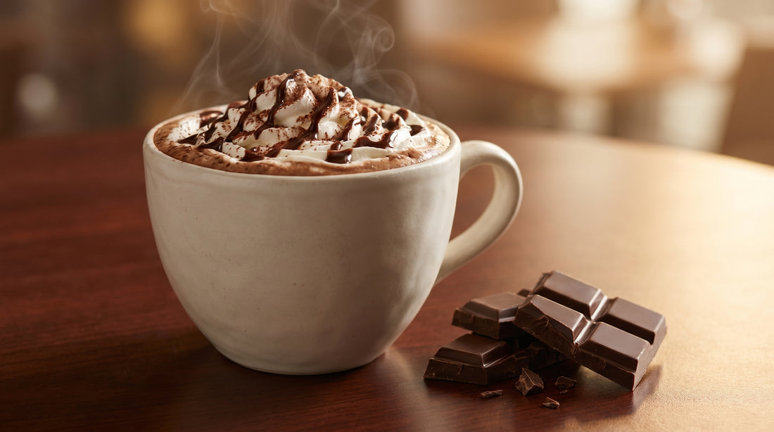 Classic hot cafe mocha with whipped cream and chocolate drizzle