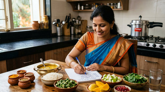 Indian woman planning healthy monsoon diet plan with seasonal foods