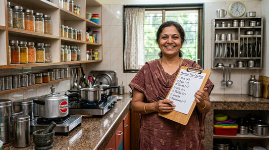 Indian woman with monsoon kitchen checklist 2026 - pre-monsoon preparation guide