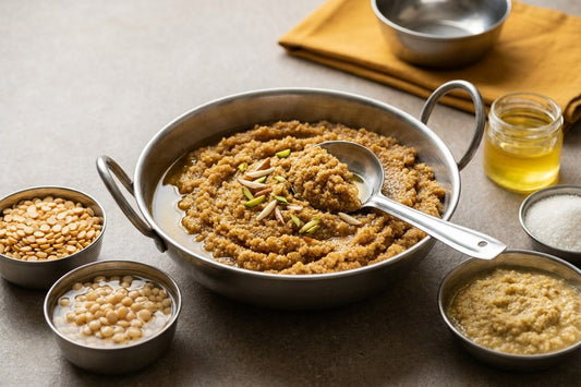 Grainy golden moong dal halwa in a steel kadhai with separated ghee, beside bowls of dry and soaked split yellow moong dal, ghee, sugar and coarse ground dal paste