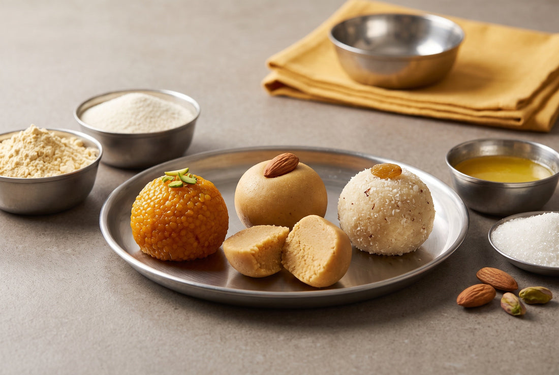 Three Indian ladoos on a steel thali - orange pebbled motichoor, smooth golden besan ladoo cut open, and pale coarse rava ladoo with coconut, beside bowls of besan flour, semolina, ghee and sugar