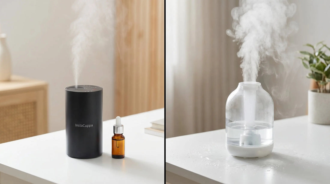 Nebulizer diffuser vs ultrasonic diffuser side by side comparison showing waterless and water-based essential oil diffusion