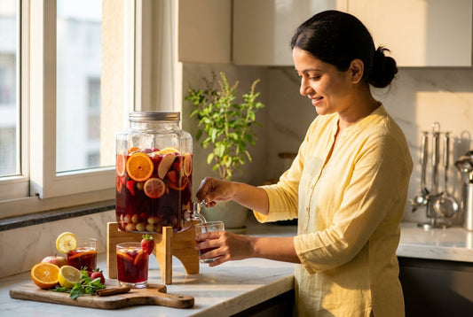 Non-alcoholic sangria with fresh fruit in InstaCuppa glass beverage dispenser