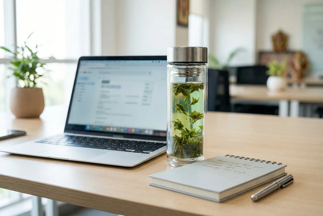 Glass tea infuser bottle with green tea on a modern office desk next to a laptop