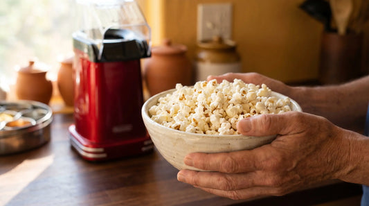 Oil-free popcorn maker review with bowl of air-popped popcorn