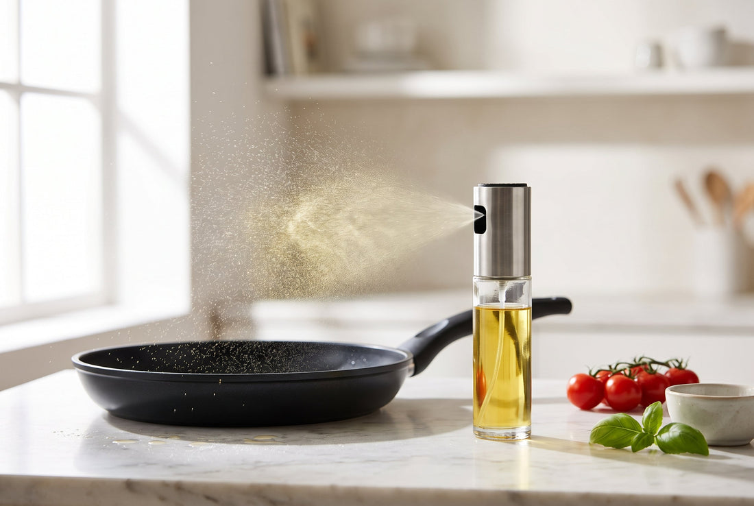 Oil sprayer misting cooking oil over a frying pan in an Indian kitchen