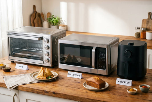 OTG vs microwave vs air fryer side by side on an Indian kitchen counter
