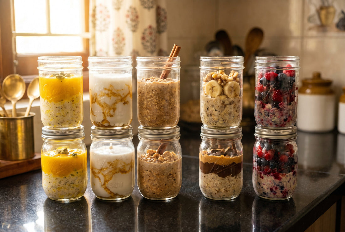 Overnight oats recipe with 10 Indian flavour variations in mason jars