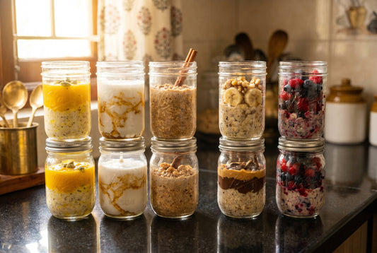 Overnight oats recipe with 10 Indian flavour variations in mason jars