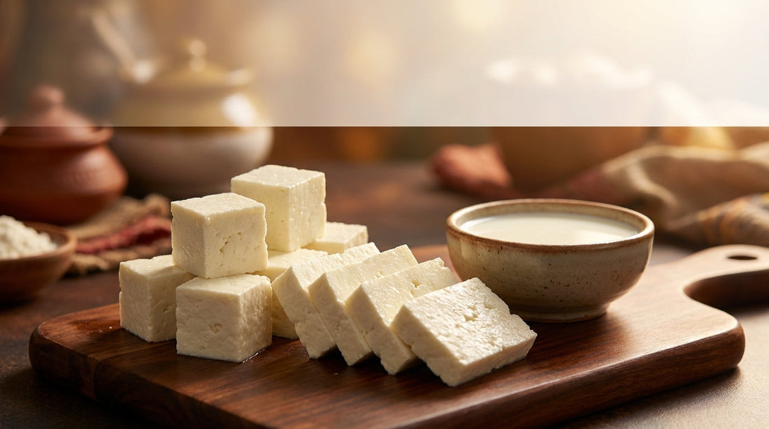 Paneer protein content guide - cubes and slices on wooden board