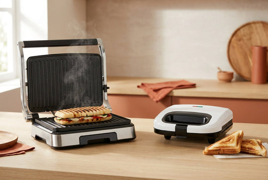 Panini press with ridged grill plates beside a sandwich maker with triangular plates on an Indian kitchen counter