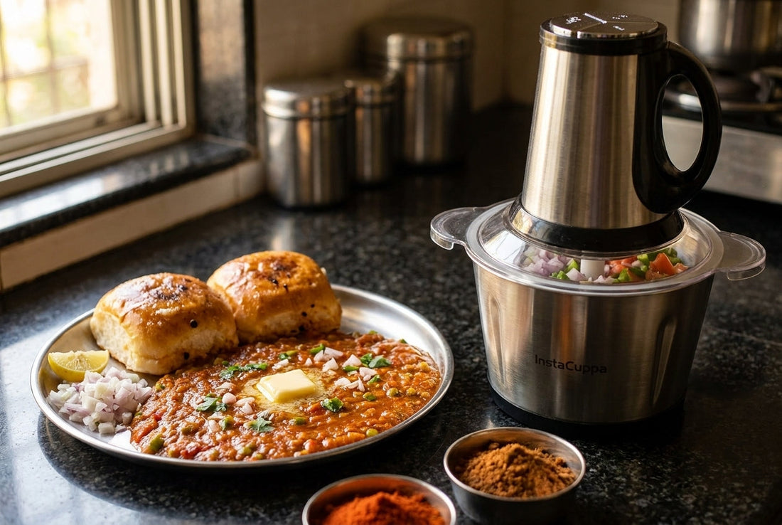 Pav bhaji recipe served Mumbai street style, with buttered pav, chopped onion and an InstaCuppa electric chopper of diced vegetables on an Indian kitchen counter