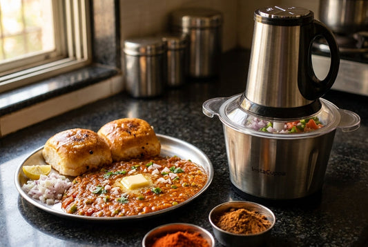 Pav bhaji recipe served Mumbai street style, with buttered pav, chopped onion and an InstaCuppa electric chopper of diced vegetables on an Indian kitchen counter