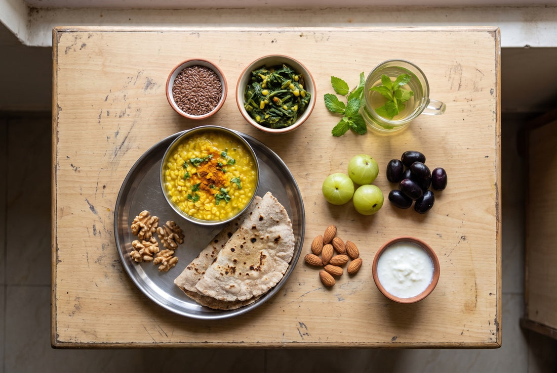 InstaCuppa PCOS food list India: moong dal, jowar roti, palak, flaxseed, walnuts, almonds, amla, jamun, curd and mint tea on a kitchen table