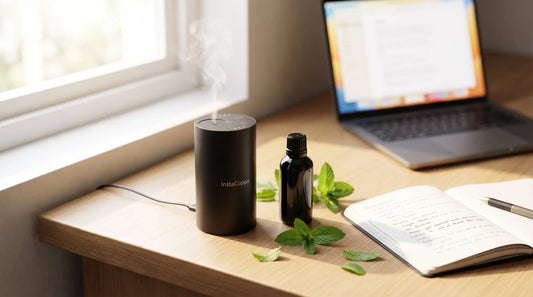 Peppermint essential oil bottle on study desk with InstaCuppa aroma diffuser