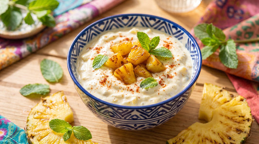 Pineapple raita recipe - fresh pineapple chunks in creamy curd with pomegranate and coriander