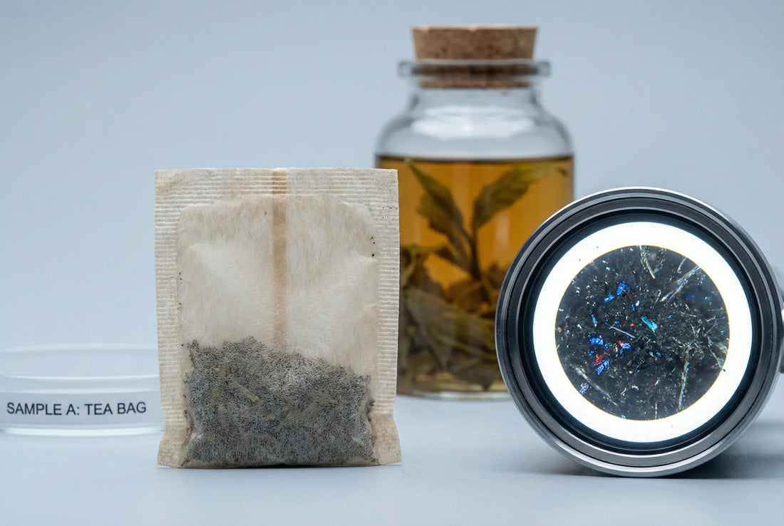 Close-up of a tea bag with microplastic particles highlighted next to a glass tea infuser bottle
