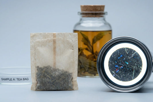 Close-up of a tea bag with microplastic particles highlighted next to a glass tea infuser bottle