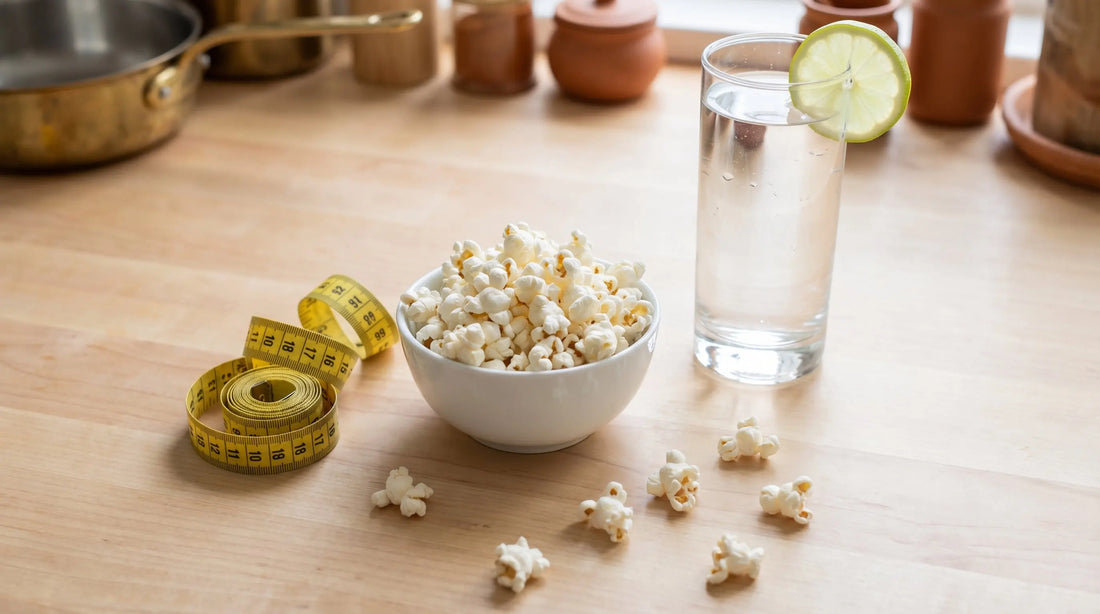 Popcorn for weight loss - bowl of air-popped popcorn with measuring tape