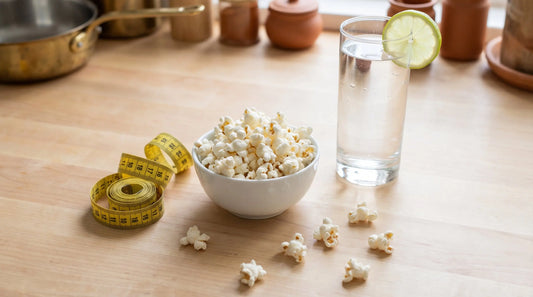 Popcorn for weight loss - bowl of air-popped popcorn with measuring tape