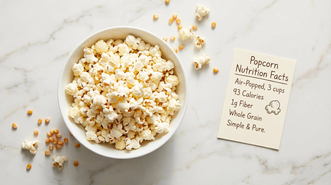 Popcorn nutrition facts - bowl of air-popped popcorn with nutrition label