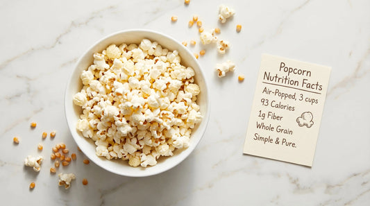 Popcorn nutrition facts - bowl of air-popped popcorn with nutrition label