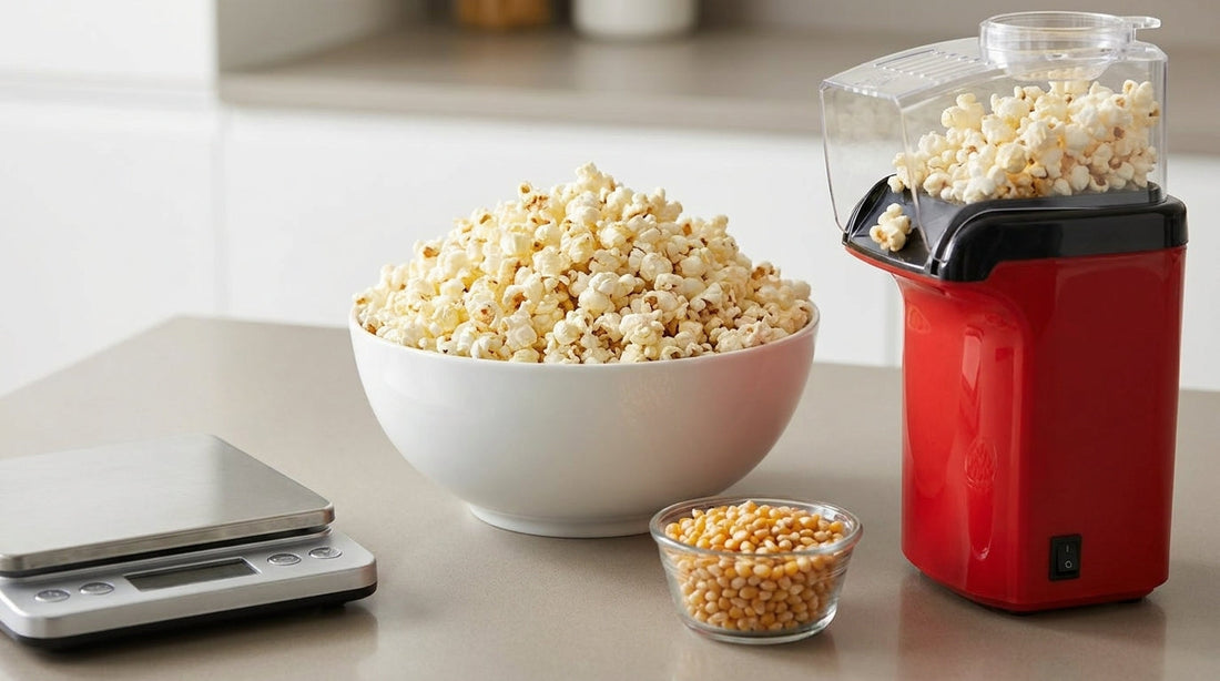 Popcorn nutrition per 100g - bowl of plain air-popped popcorn beside an InstaCuppa hot air popcorn maker, corn kernels and a kitchen weighing scale