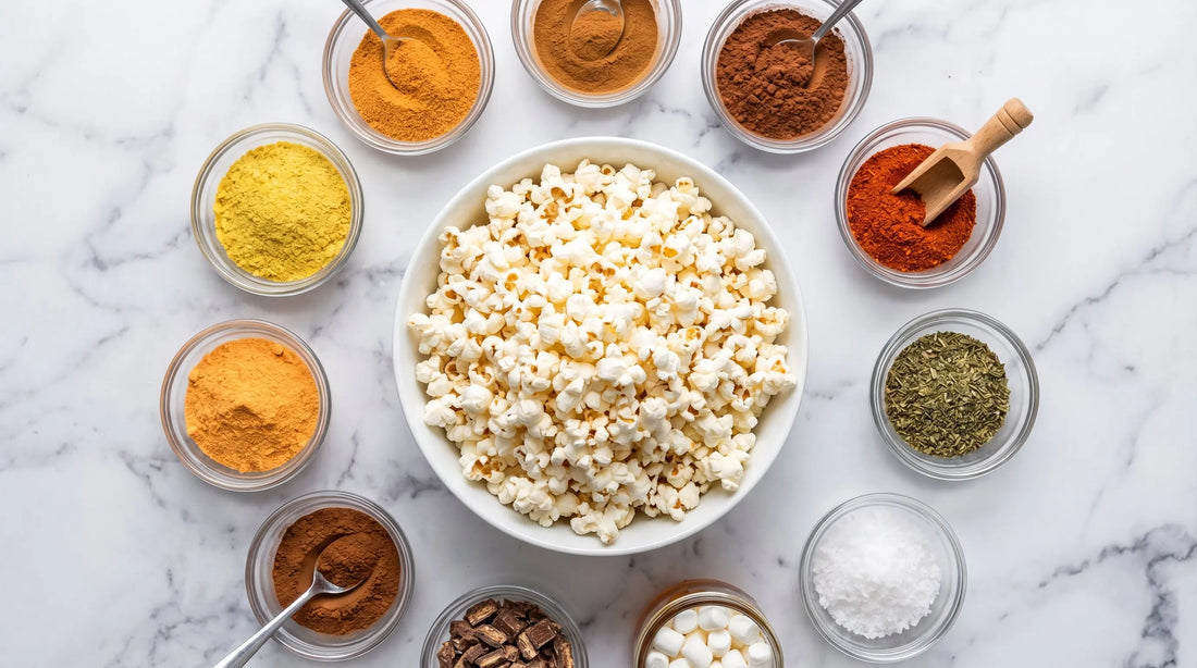 Popcorn toppings and seasoning ideas with various spice bowls