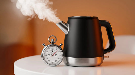 Portable kettle with steam rising next to stopwatch timer showing boil time concept