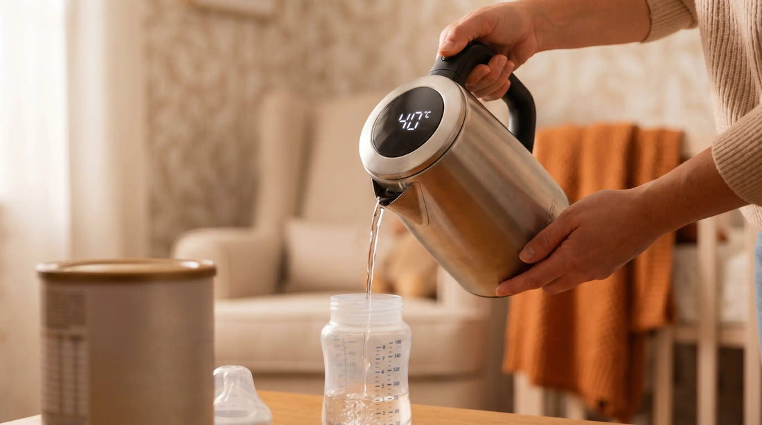Parent preparing baby formula with portable kettle showing 40 degree temperature display in nursery setting