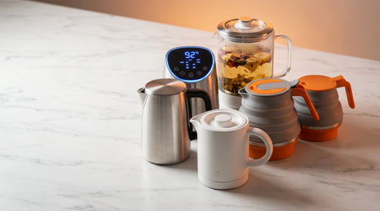 Multiple portable electric kettles arranged for comparison showing variety of designs and sizes