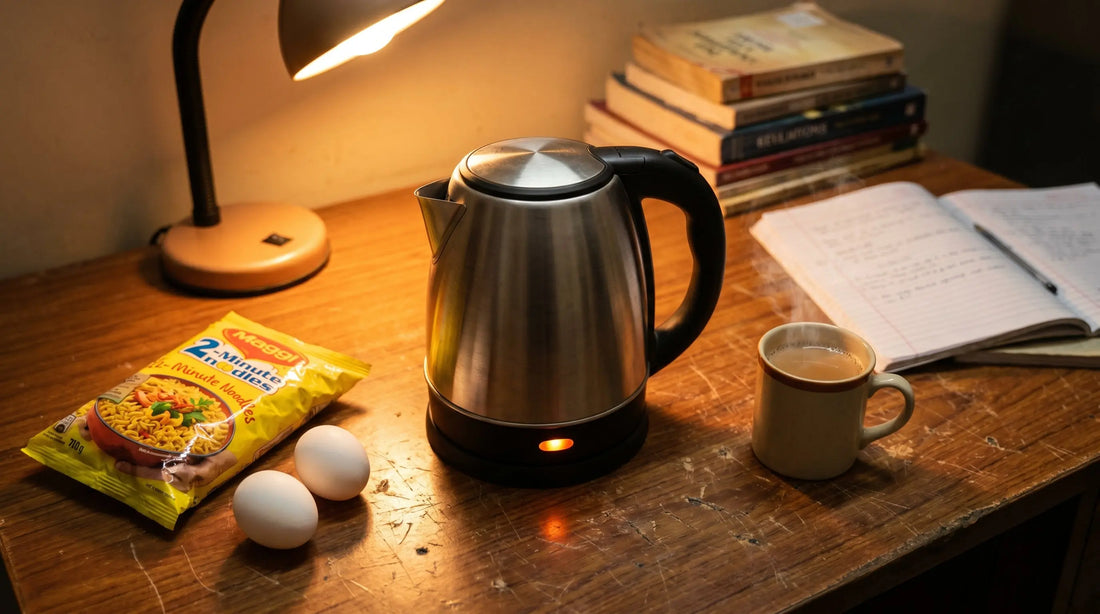 Multicook kettle on hostel desk with Maggi packet eggs and chai cup in student room setting