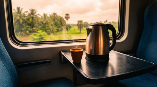 Portable electric kettle on an Indian Railways train tray table with chai cup and window landscape view