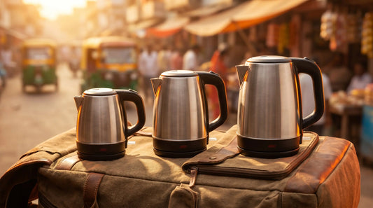 Three mini electric kettles of increasing size 500ml 600ml and 1L on a travel bag