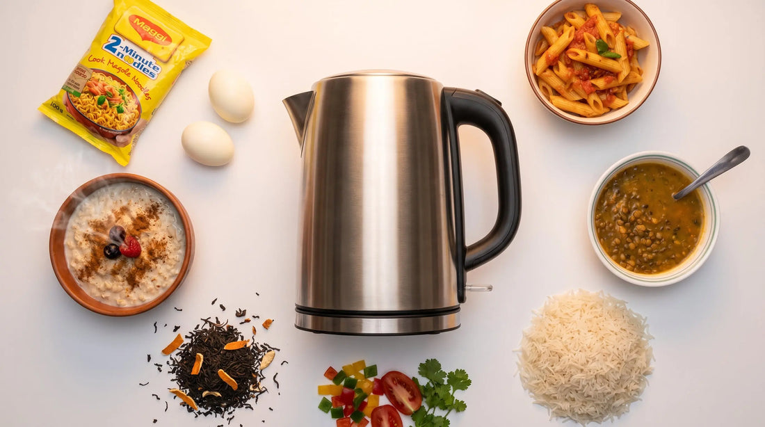 Overhead flat lay of multicook kettle surrounded by ingredients including Maggi eggs oats tea and vegetables