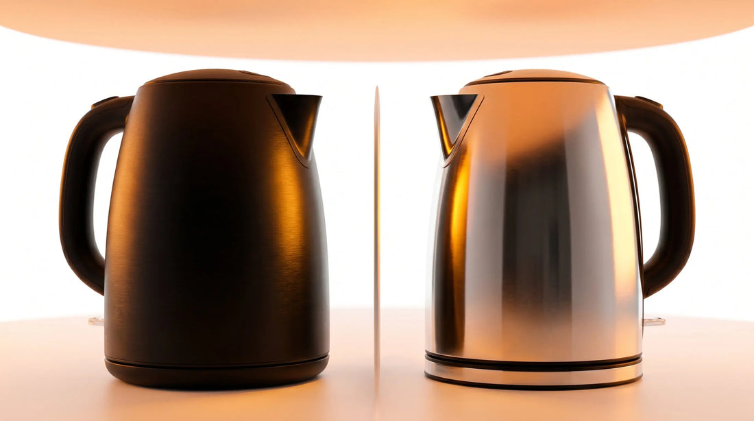 Two multicook kettles side by side comparing black non-stick and silver stainless steel models