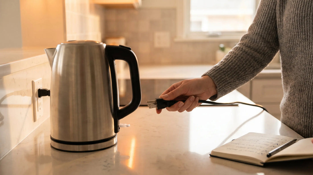 Hand checking power plug of portable kettle with troubleshooting checklist nearby