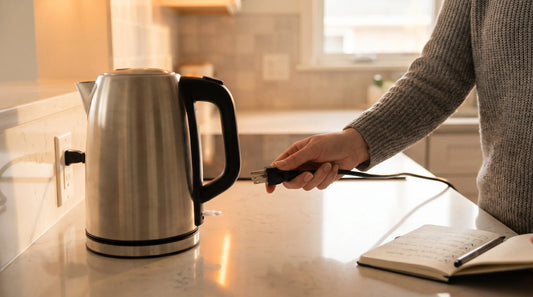 Hand checking power plug of portable kettle with troubleshooting checklist nearby