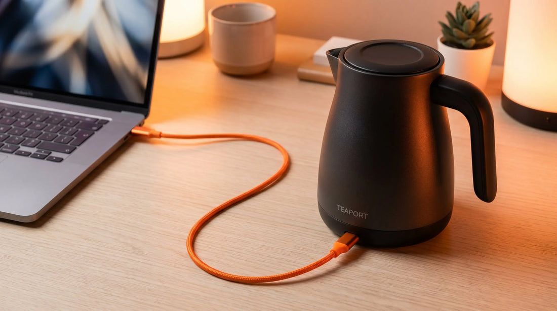 USB powered kettle connected to laptop with cable on modern desk workspace