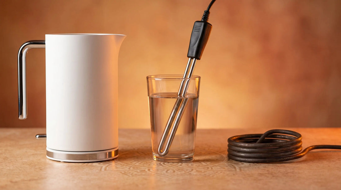Portable electric kettle, immersion rod in glass, and heating coil side by side for comparison