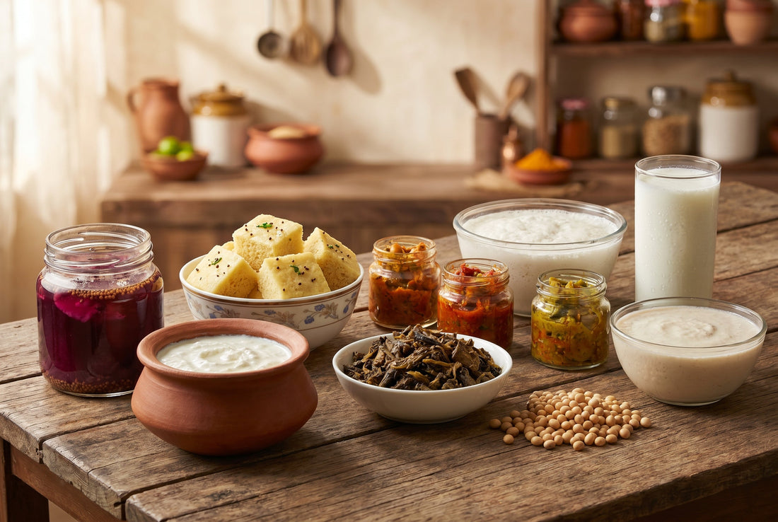 Indian probiotic and fermented foods including curd kanji pickles idli batter hawaijar