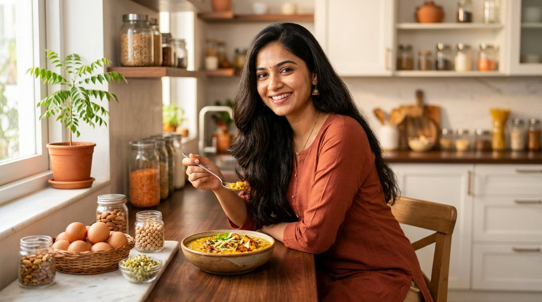Indian woman with healthy hair eating protein-rich food for hair growth