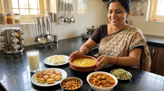 Protein rich food spread for Indian families - dal, paneer, eggs, milk and soya chunks