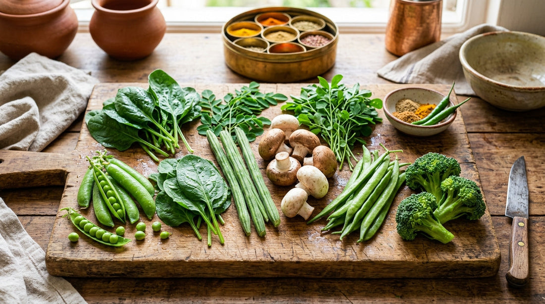 Protein rich vegetables - peas spinach moringa mushrooms for Indian cooking