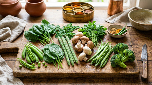Protein rich vegetables - peas spinach moringa mushrooms for Indian cooking