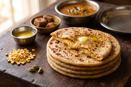 A stack of golden puran poli with tawa spots, the top one torn open to show smooth chana dal and jaggery filling with a pat of ghee, beside katoris of ghee and jaggery, chana dal, cardamom and a bowl of katachi amti