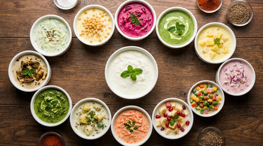 12 varieties of raita in small bowls arranged on a wooden table